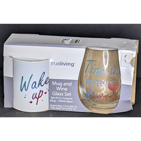 MUG Wake Up 11oz & WINE GLASS 18oz Time To Wine Down Brand New Gift - Picture 2 of 6